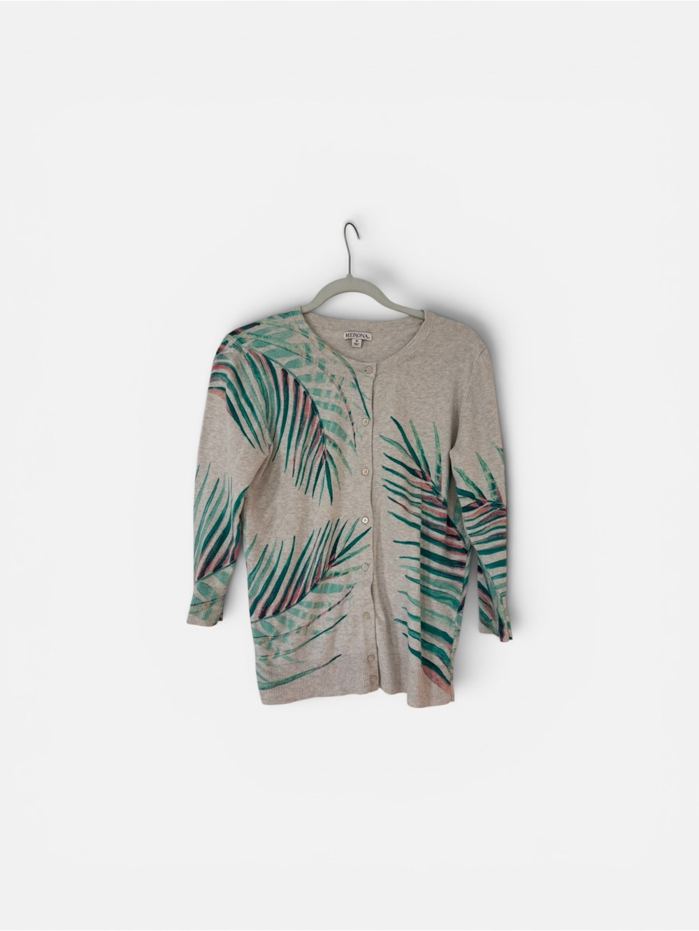 Merona Beige Knit Cardigan with Teal-Green Palm Motif